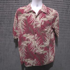 Red Linen Hawaiian Shirt Mens Lg Short Sleeve Wood Button Palm Beach Fishing VTG